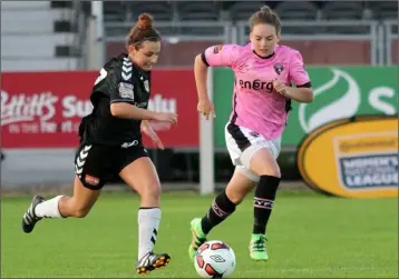  ??  ?? Rachel Hutchinson of Wexford Youths Women closes in on Aislinn Carroll of Kilkenny United.