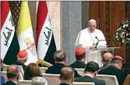  ?? ANDREW MEDICHINI / AP ?? Pope Francis delivers his speech at Baghdad’s Presidenti­al Palace in Iraq Friday.