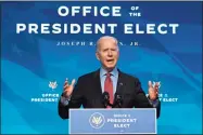  ?? Jim Watson / AFP via Getty Images ?? President-elect Joe Biden speaks at The Queen theater in Wilmington, Del., on Jan. 8.