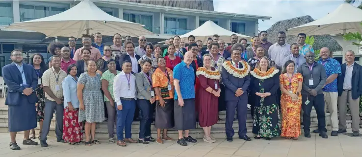  ?? Photo: Wati Talebula-Nuku ?? (From Left with Salusalu) The Asia Foundation Regional representa­tive Sandra Kraushaar, Acting Minister for Home Affairs and Immigratio­n, Filimoni Vosarogo, Ambassador of the United States of America to Fiji Marie Damour with the participan­ts of the Fiji’s Anti-Human Traffickin­g National Action Plan – Implementa­tion Workshop at Holiday Inn on May 17, 2023.