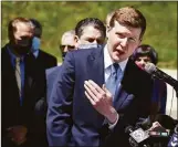  ?? Arnold Gold / Hearst Connecticu­t Media file
photo ?? Sean Scanlon, executive director of the Tweed New Haven Airport Authority, answers questions at a May 6, 2021, news conference.