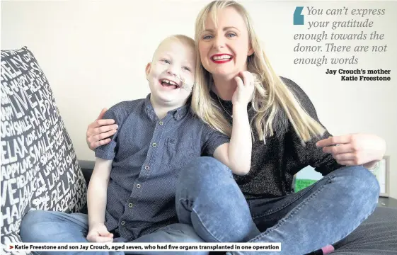  ??  ?? > Katie Freestone and son Jay Crouch, aged seven, who had five organs transplant­ed in one operation