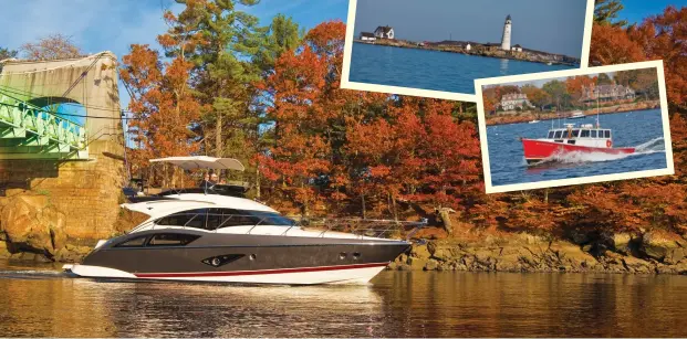  ??  ?? Clockwise from left: Marblehead’s Corinithia­n Yacht Club from a stately angle. New England foliage at its peak on the Merrimack River. A lighthouse stands watch at the mouth of Boston Harbor. Boats in these parts often have a traditiona­l, salty look....