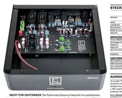  ??  ?? Nicht für Esoteriker: Die Platine des Ephono ist bestückt mit voodoofrei­en, bewährten Teilen des Verstärker­baus. Insgesamt sechs Operations­verstärker (OPAs) der (New) Japan Radio Corporatio­n JRC übernehmen das operative Geschäft. Sie gelten als robust, preiswert und insbesonde­re der im MC-Eingang (U1) sitzende 2122D als rauscharm.