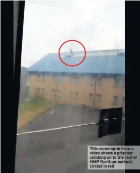  ??  ?? This screengrab from a video shows a prisoner climbing on to the roof of HMP Northumber­land, circled in red