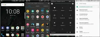  ??  ?? From left to right: home screen, app drawer, notificati­on shade and settings menu