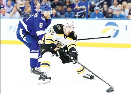  ?? (AFP) ?? Brad Marchand #63 of the Boston Bruins and Anton Stralman #6 of the Tampa Bay Lightning fight for the puck during Game Two of the Eastern Conference Second Round during the 2018 NHL Stanley Cup Playoffs at Amalie Arena on April 30, in Tampa, Florida.