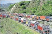  ?? PTI ?? Trucks stranded on the JammuSrina­gar highway due to landslides at Nagrota on Wednesday.