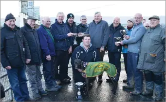  ?? Timmy Carmody with Baily Solicitors after Timmy’s dog, Maggie Sixteen, won the Baily Cup at Ballybegga­n coursing last Wednesday. ??