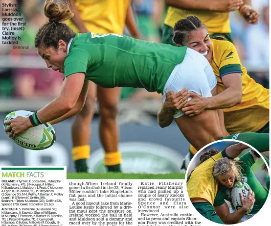  ?? SPORTSFILE ?? Stylish: Larissa Muldoon goes over for the first try, (inset) Claire Molloy is tackled