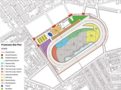  ?? POPULOUS/HANDOUT ?? This graphic breaks down a proposed Pimlico developmen­t plan. Changes include a new multiuse clubhouse, paddock, pond, stables and athletic fields.