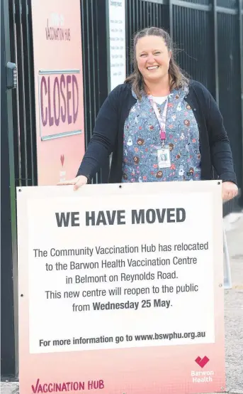  ?? ?? Emily Ruseler, who is the associatio­n nurse unit manager at Barwon Health, declares the closure of the Ford Covid vaccinatio­n hub in Norlane. Picture: Alan Barber