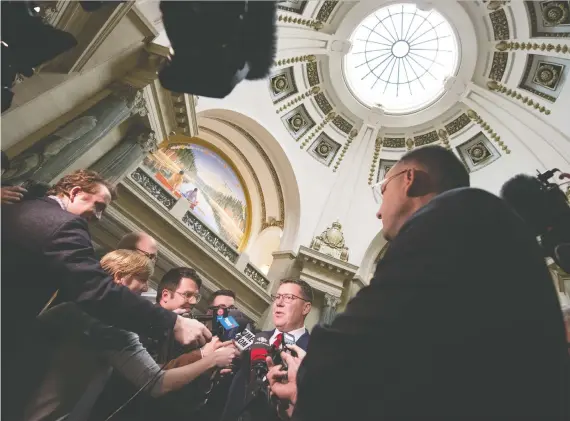  ?? TROY FLEECE ?? Premier Scott Moe after the opening of a new session at the Legislativ­e Building in Regina on Monday. “We’re ready to go any day,” Moe said regarding the next election.