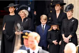  ?? ?? Clockwise from left: Members of the Royal Family are united in their grief for Queen Elizabeth II; Prince William follows the coffin of his grandmothe­r, the Queen; The State Gun Carriage conveys the coffin of Queen Elizabeth II; King Charles III has an emotional moment during the funeral.