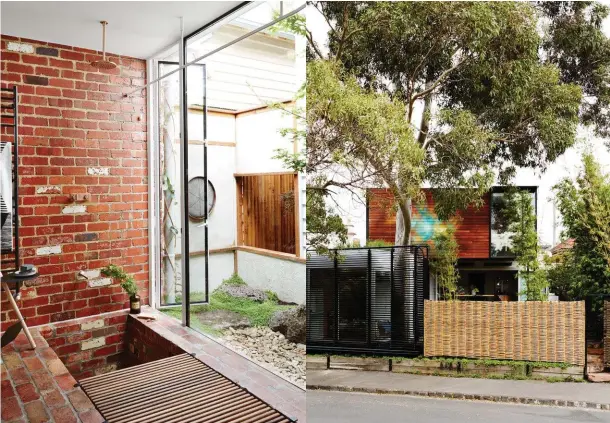  ??  ?? ENSUITE The bathroom opens to a pocket garden with a ‘weeping’ stone water feature and ‘secret’ space beyond. Handcrafte­d wall lamp by Damon Fuhrer. There’s also access to a small roof garden here. Rain shower, Rogerselle­r.
REAR LANE Visitors entering...