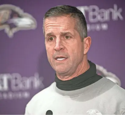  ?? NICK WASS/AP ?? Ravens head coach John Harbaugh speaks to reporters following a game against the Steelers on Saturday in Baltimore. The Ravens are the No. 1 seed in the AFC playoffs.