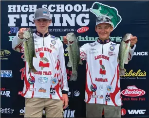  ?? COURTESY PHOTOS/NICK WELTON ?? Above: Lodi High's Kyle Mann, left, and Cole Koenig show off their catches at the High School National Championsh­ips for Bass Fishing in Florence, Ala.