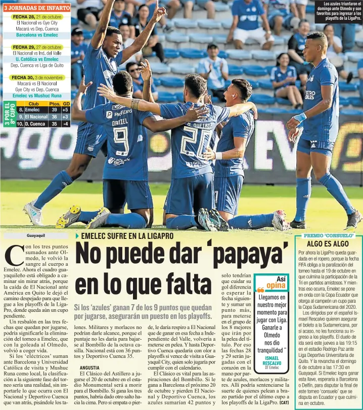  ?? Foto: Juan Faustos / EXTRA ?? Los azules triunfaron el domingo ante Olmedo y son favoritos para ingresar a los
playoffs de la LigaPro.