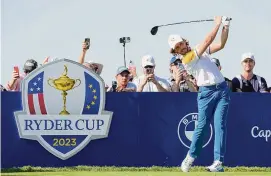  ?? Andrew Medichini/Associated Press ?? Europe’s Tommy Fleetwood tees of on the 3rd hole during a practice round ahead of the Ryder Cup at the Marco Simone Golf Club Tuesday in Guidonia Montecelio, Italy.