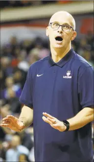  ?? Mic Smith / Associated Press ?? UConn’s coach Dan Hurley reacts during Friday’s game against Xavier during in Charleston, S.C.