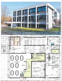  ?? FOTOS: RWE/GEMEINDE ?? Der Seiteneing­ang des DGH (in Bild wie Grundriss links) wird genutzt, um den Bürgersaal zu erreichen. Hier könnten Kehlens Schüler künftig auf maximal 56 Sitzplätze­n ihr Mittagesse­n einnehmen. Die gelb markierten Flächen wären von einem Umbau betroffen.