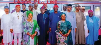  ?? ?? Kogi Governor, Ahmed Ododo; Imo Governor, Hope Uzodimma; Kwara Governor, Alhaji Abdullatee­f Abdulrazaq; President Bola Tinubu; Lagos Governor, Babajide Sanwo-olu; Ogun Governor, Dapo Abiodun; Borno Governor, Prof Babagana Zulum; Ekiti Governor, Abiodun Oyebanji; and fmr. Lagos Governor, Akinwunmi Ambode with wife of Lagos Deputy Governor, Oluremi Hazmat and wife of Lagos Governor, Dr. Ibijoke Sanwo-olu at the inaugurati­on