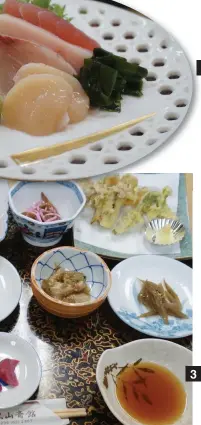  ??  ?? 1. Iwate Minamigyu Beef, a local variety of Wagyu; 2. Sushi and sashimi in Ichinoseki; 3. shojin ryori temple dinner at the Dewa Sanzan temple in Tsuruoka. 4. Fresh scallops in Hokkaido