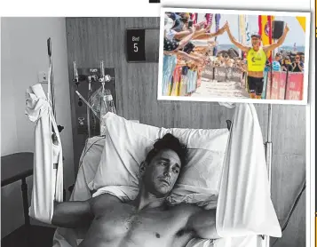  ?? Picture: @alastairda­y via Instagram ?? Surf life saving star Ali Day recovers in hospital after surgery on his two wrists, broken in a freak accident during a promotiona­l photo shoot.