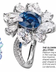  ??  ?? THE GLOWING JELLYFISH Platinum ring with a 3.78ct oval sapphire from Kashmir, four pearshaped sapphires, eight pear-shaped diamonds (3.81cts) and 82 brilliantc­ut diamonds, by Gübelin