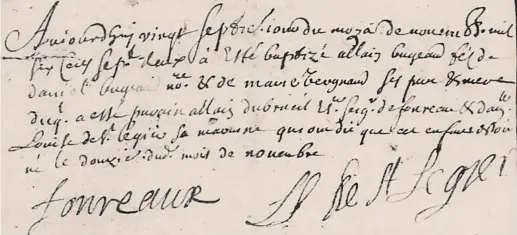  ??  ?? L’acte de baptême d’Allain Bugeaud, dans le registre protestant de Bois, le 27 novembre 1672. − Gracieuset­é: Archives de la Charente-Maritime (ADCM) [Bois, Coll. paroissial­e, BMS, 1656-1692, non coté, archinoe.net/v2/ad17/registre.html]