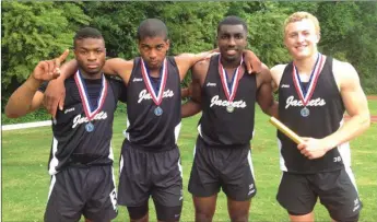  ?? CONTRIBUTE­D PHOTOS ?? ( Calhoun's 4x100 Meter Relay team of Tydus Curtis (from left), Keidron Isham, Chandler Curtis and Thomas Lester pose for a photo. ( Keyth Fighmaster shows off his medal and trophy at the State Meet in May. ( Chandler Curtis poses for a photo at the...