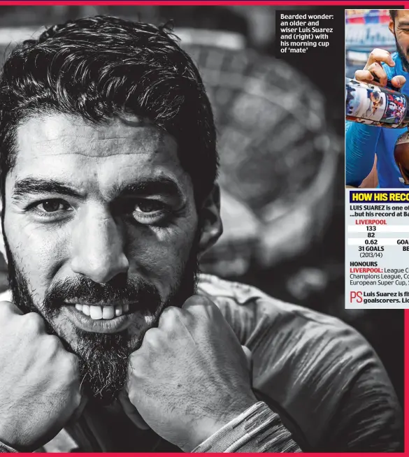  ??  ?? Bearded wonder: an older and wiser Luis Suarez and (right) with his morning cup of ‘mate’