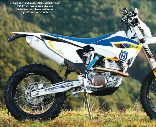  ??  ?? Débarquée fin d’année 2013, la Husqvarna 350 FE n’a pas laissé entrevoir de faiblesses, bien entretenue, il y a là une moto fiable. 2014: 4950 €; 2015: 5600 €