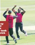  ??  ?? Three-sy does it! Jerome Taylor took a hat-trick