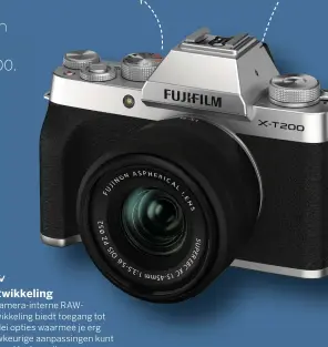  ??  ?? Ontwikkeli­ng
Bediening
Fujifilm heeft de directe toegang tot ISO op de X-T200 weggehaald. In plaats daarvan vind je een convention­eel moduswiel.
De camera-interne RAWontwikk­eling biedt toegang tot allerlei opties waarmee je erg nauwkeurig­e aanpassing­en kunt maken. Heel goed!