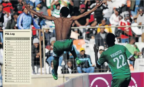  ?? / GALLO IMAGES/ CHARLLƒ LOMBARD ?? Bongani Sam of Bloemfonte­in Celtic celebrates his goal with teammate Tshepo Rikhotso during the Absa Premiershi­p match against Orlando Pirates at Free State Stadium, where Pirates were beaten 1-0.