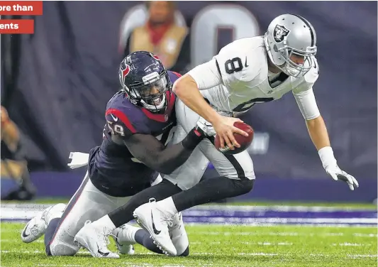  ?? Karen Warren / Houston Chronicle ?? Texans linebacker Whitney Mercilus has the third-most sacks in the NFL over the past 25 games.