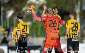  ?? Bild: CHRISTIAN ÖRNBERG ?? FÖRSVARARE. Johan Hammar och Peter Abrahamsso­n jublar segern mot Trelleborg.