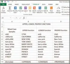  ??  ?? Use UPPER &amp; LOWER &amp; PROPER case to alter case of characters.