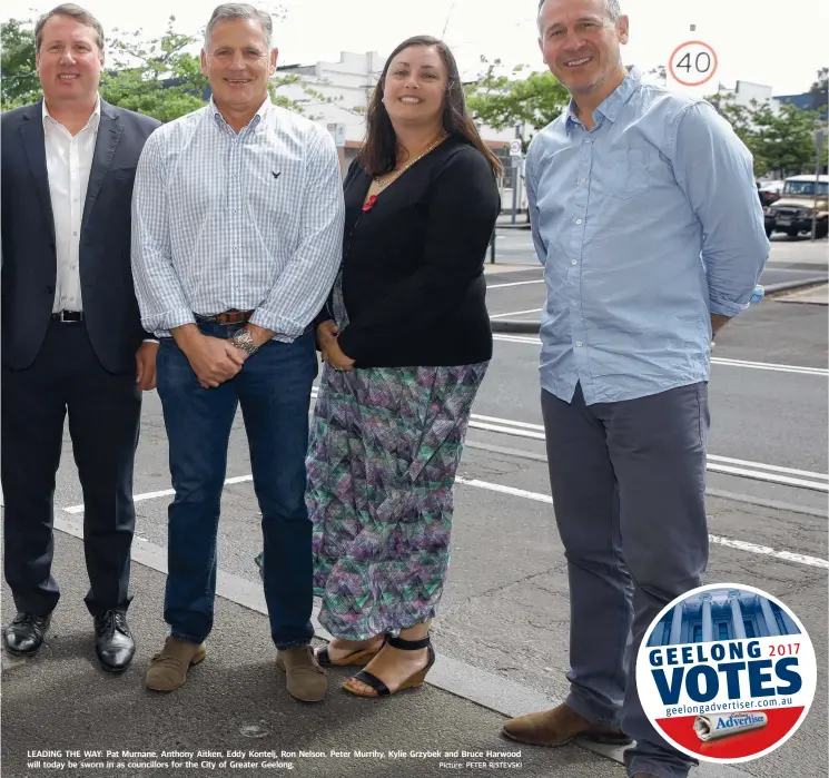  ?? Picture: PETER RISTEVSKI ?? LEADING THE WAY: Pat Murnane, Anthony Aitken, Eddy Kontelj, Ron Nelson, Peter Murrihy, Kylie Grzybek and Bruce Harwood will today be sworn in as councillor­s for the City of Greater Geelong.