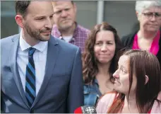  ?? LIAM RICHARDS ?? NDP Leader Ryan Meili, left, and Roberta Fehr, who receives the Rental Housing Supplement, meet during a media event Thursday to call on the Sask. Party to scrap its plan to cut the supplement.