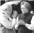  ?? PHOTO: PTI ?? Prime Minister Narendra Modi and former prime minister Manmohan Singh exchange greetings during a ceremony to pay respects for the martyrs of 2001 Parliament attack, at Parliament House in New Delhi on Wednesday.