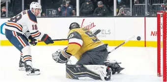  ?? CHASE STEVENS THE ASSOCIATED PRESS FILE PHOTO ?? Oilers winger Zach Hyman has 11 goals with Edmonton, including this one against Vegas’s Robin Lehner.