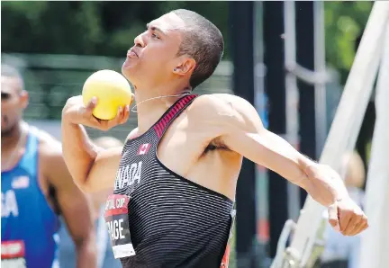  ?? PHOTOS: PATRICK DOYLE ?? Pierce LePage competes in the shot put Tuesday during the decathlon at the Canadian Track and Field Championsh­ips in Ottawa.