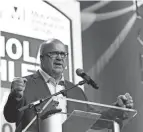  ?? JOSHUA A. BICKEL/COLUMBUS DISPATCH ?? Ray Stein greets scholar athletes, their families and guests during the Scholar Athlete Awards in 2019. Stein will coordinate the program one more time.