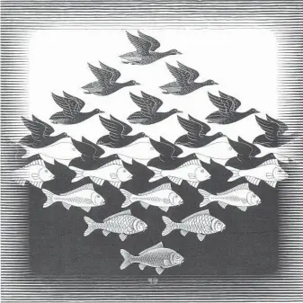  ?? ?? "Sky and Water I” (June 1938, woodcut) highlights Escher’s surrealism and craftsmans­hip.