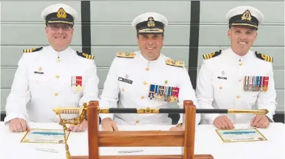  ??  ?? Commander Jacob French (right), former commander of HMCS Regina, signs the certificat­e to hand over command to Commander Landon Creasy (left), while Commodore Angus Topshee, Commander Canadian Fleet Pacific, approves the transition during the Change of Command Ceremony aboard HMCS Regina on Sept 10, 2019.