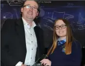  ??  ?? Olive Thornton-Matthews receives the Mary Burke Style Award in associatio­n with Seán T. O’Reilly and Company Solicitors from Seán at the Bush Post Primary Annual School Awards.