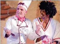  ??  ?? Thomie Holtzhause­n as the fairy godfather and Mpilo ‘Straw’ Nzimande as the lead character in Sinder-Fella, directed and written by Darren King. Anthony Stonier and Clinton Small are pictured right in another scene from the naughty panto, in which they...