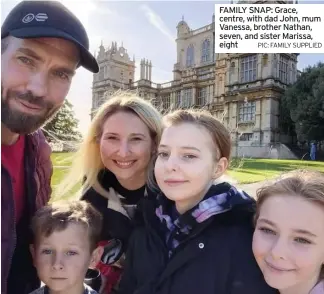  ?? PIC: FAMILY SUPPLIED ?? FAMILY SNAP: Grace, centre, with dad John, mum Vanessa, brother Nathan, seven, and sister Marissa, eight